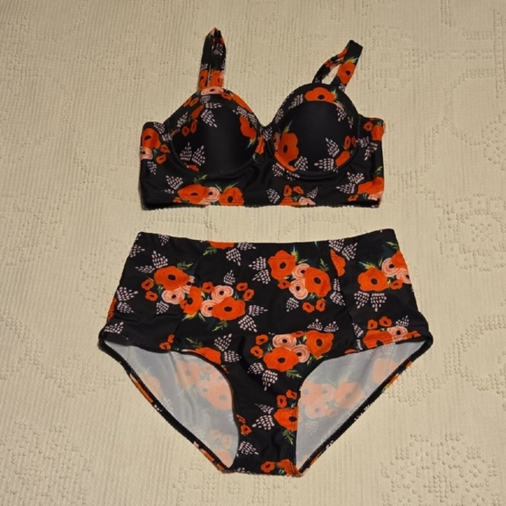 Floral High-Waist Bikini Set in Black and Orange